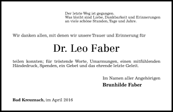 Traueranzeige von Leo Faber von  Allg. Zeitung Bad Kreuznach