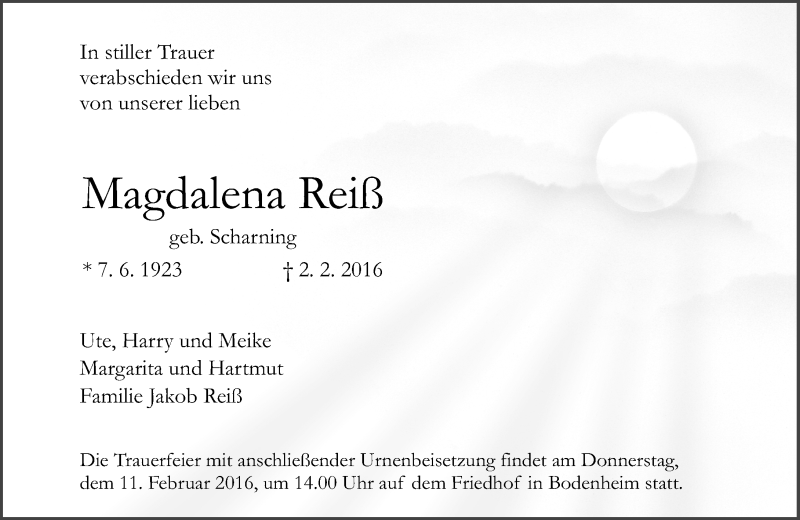  Traueranzeige für Magdalena Reiß vom 05.02.2016 aus  Allgemeine Zeitung Mainz