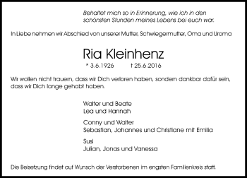 Traueranzeige von Ria Kleinhenz von Trauerportal Rhein Main Presse