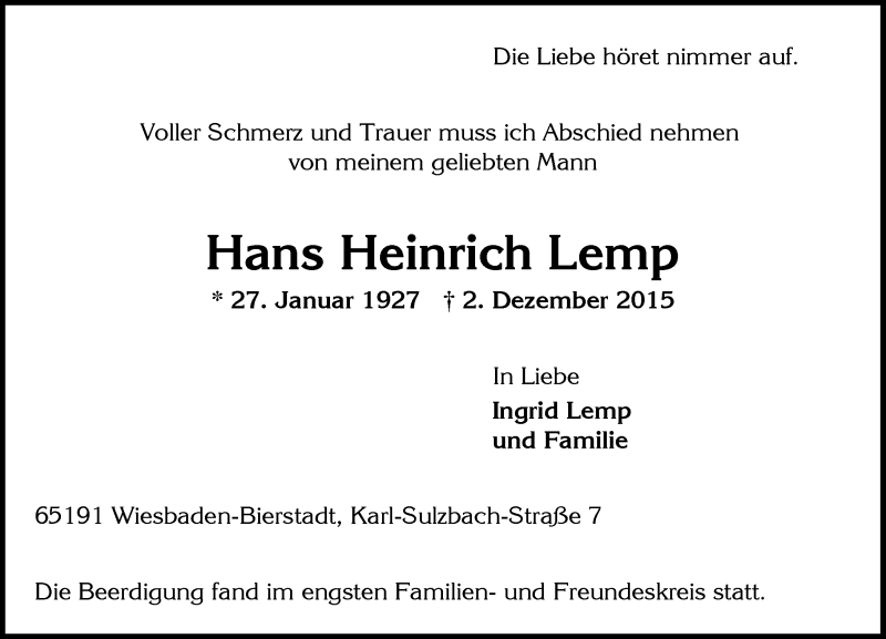 Traueranzeige für Hans Heinrich Lemp vom 12.12.2015 aus  Wiesbaden komplett