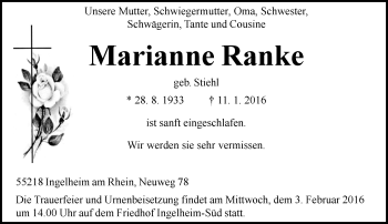 Traueranzeige von Marianne Ranke von  Allgemeine  Zeitung Ingelheim-Bingen