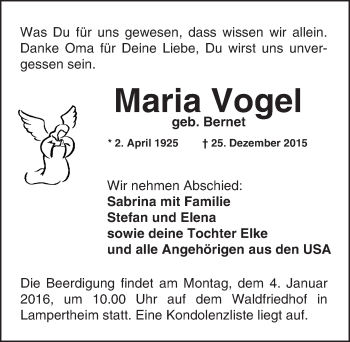 Traueranzeige von Maria Vogel von  Bürstädter Zeitung