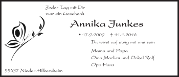 Traueranzeige von Annika Junkes von  Allgemeine  Zeitung Ingelheim-Bingen