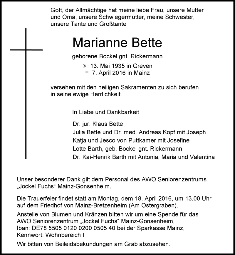  Traueranzeige für Marianne Bette vom 13.04.2016 aus  Allgemeine Zeitung Mainz