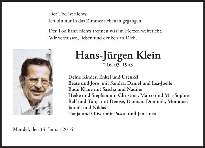  Traueranzeige für Hans-Jürgen Klein vom 14.01.2016 aus  Allg. Zeitung Bad Kreuznach