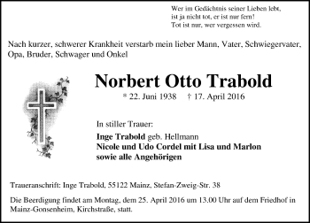 Traueranzeige von Norbert Otto Trabold von  Allgemeine Zeitung Mainz
