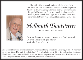 Traueranzeige von Hellmuth Trautvetter von  Allgemeine Zeitung Mainz