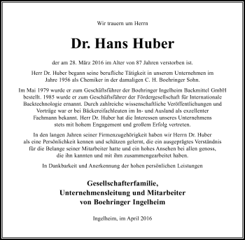 Traueranzeige von Hans Huber von trauer.rmp.de