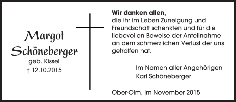  Traueranzeige für Margot Schöneberger vom 21.11.2015 aus  Allgemeine Zeitung Mainz
