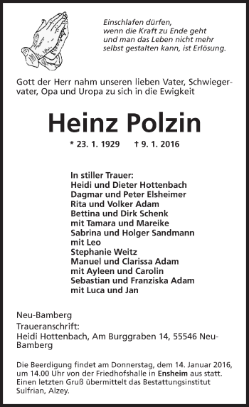 Traueranzeige von Heinz Polzin von  Allgemeine Zeitung Alzey