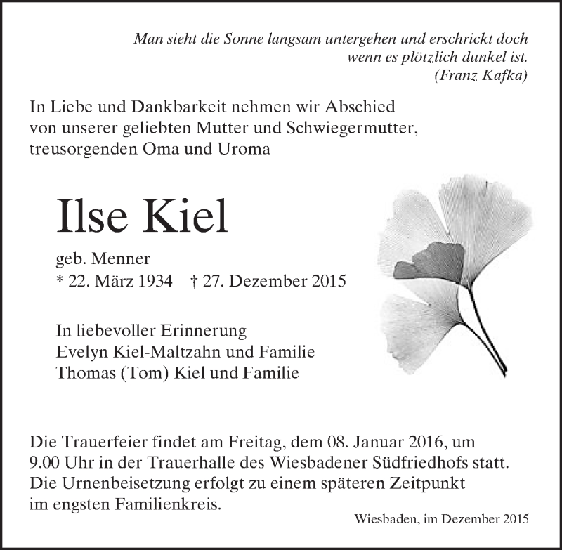  Traueranzeige für Ilse Kiel vom 02.01.2016 aus  Wiesbaden komplett