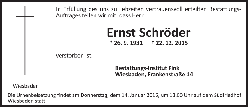  Traueranzeige für Ernst Schröder vom 12.01.2016 aus  Wiesbaden komplett