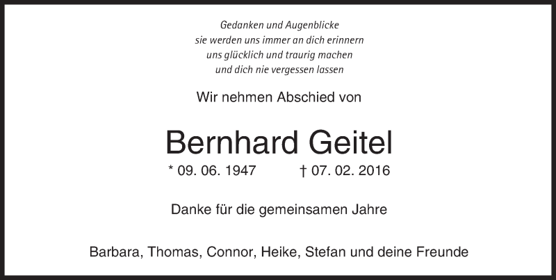  Traueranzeige für Bernhard Geitel vom 11.02.2016 aus  Allgemeine Zeitung Mainz