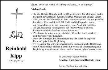 Traueranzeige von Reinhold Kipp von Trauerportal Rhein Main Presse