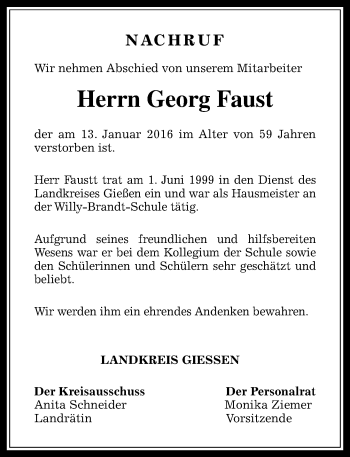 Traueranzeige von Georg Faust von  Gießener Anzeiger
