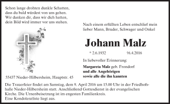 Traueranzeige von Johann Malz von  Allgemeine  Zeitung Ingelheim-Bingen