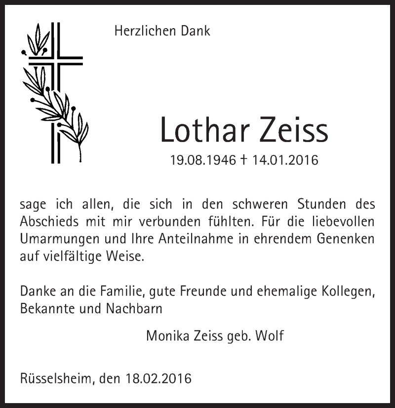  Traueranzeige für Lothar Zeiss vom 18.02.2016 aus  Mainspitze