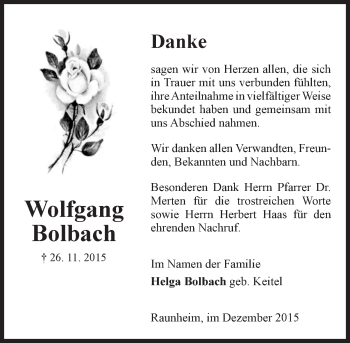 Traueranzeige von Wolfgang Bolbach von  Mainspitze