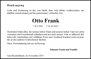 Traueranzeige von Otto Frank von  Allgemeine Zeitung Mainz