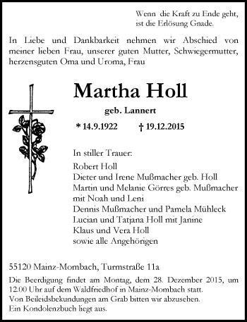 Traueranzeige von Martha Holl von  Allgemeine Zeitung Mainz