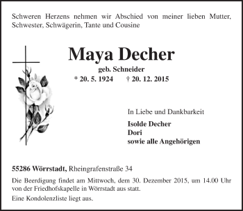 Traueranzeige von Maya Decher von  Allgemeine Zeitung Alzey
