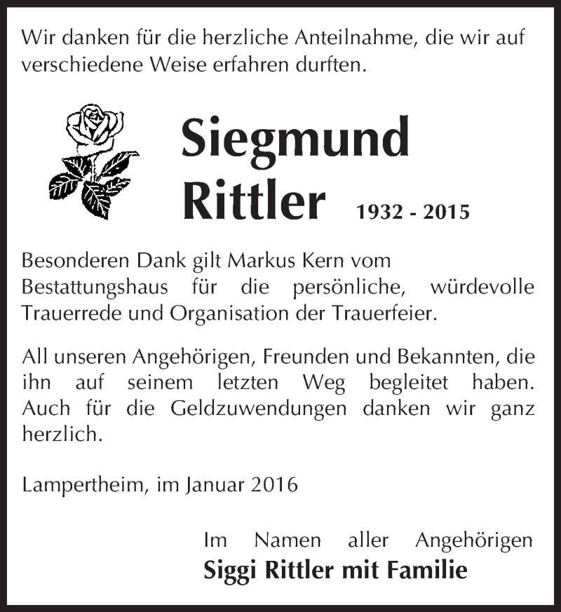  Traueranzeige für Siegmund Rittler vom 16.01.2016 aus  Bürstädter Zeitung