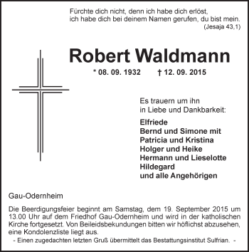 Traueranzeige von Robert Waldmann von  Alzey