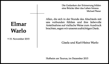 Traueranzeige von Elma Warlo von  Hofheimer Zeitung