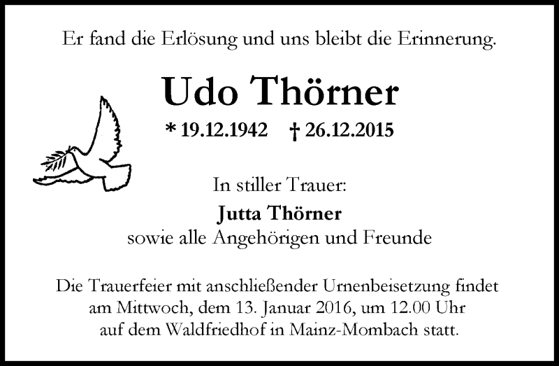  Traueranzeige für Udo Thörner vom 02.01.2016 aus  Allgemeine Zeitung Mainz