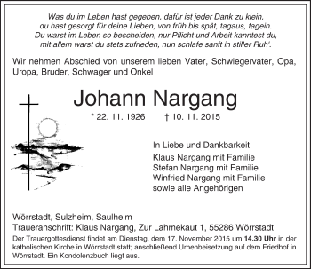 Traueranzeige von Johann Nargang von  Allgemeine Zeitung Alzey