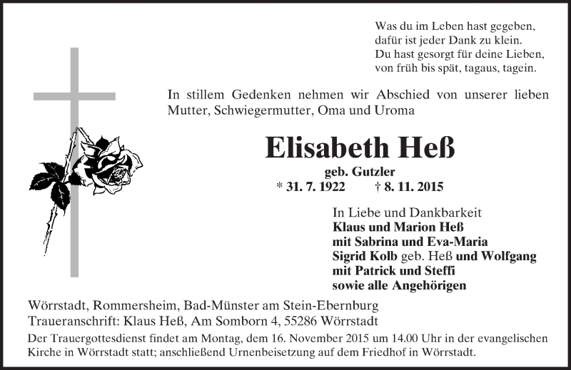  Traueranzeige für Elisabeth Heß vom 10.11.2015 aus  Allgemeine Zeitung Alzey