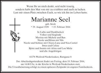 Traueranzeige von Marianne Seel von  Usinger Anzeiger