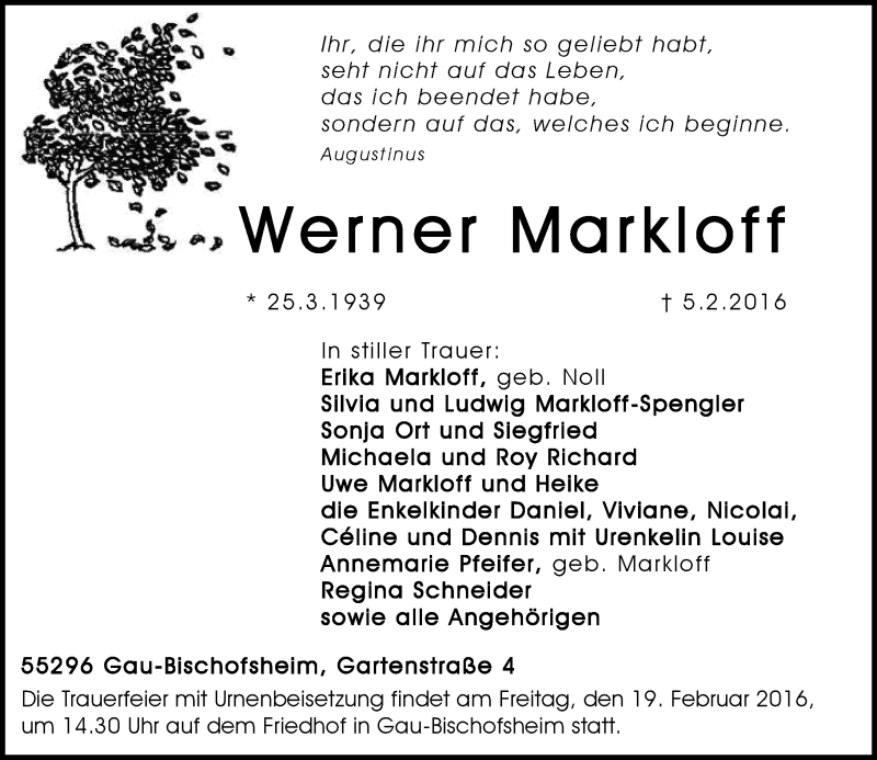  Traueranzeige für Werner Markloff vom 13.02.2016 aus  Allgemeine Zeitung Mainz