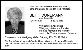 Traueranzeige von Betti Dunemann von  Allgemeine Zeitung Mainz