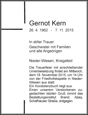 Traueranzeige von Gernot Kern von  Allgemeine Zeitung Alzey