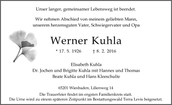 Traueranzeige von Werner Kuhla von  Wiesbaden komplett