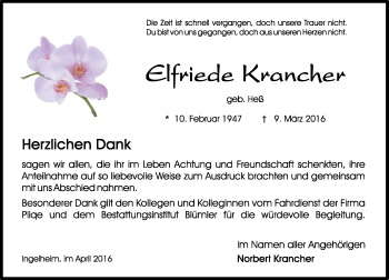 Traueranzeige von Elfriede Krancher von  Allgemeine  Zeitung Ingelheim-Bingen