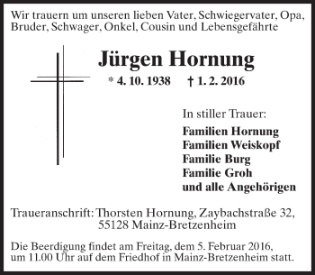 Traueranzeige von Jürgen Hornung von  Allgemeine Zeitung Mainz
