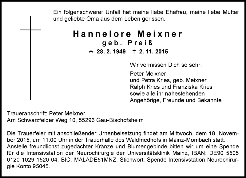  Traueranzeige für Hannelore Meixner vom 14.11.2015 aus  Allgemeine Zeitung Mainz