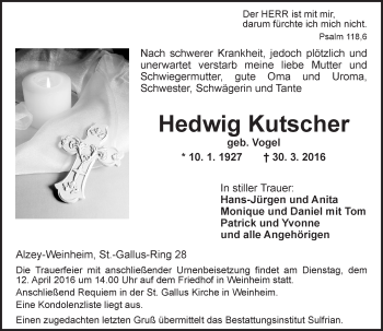 Traueranzeige von Hedwig Kutscher von  Allgemeine Zeitung Alzey