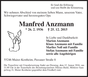 Traueranzeige von Manfred Anzmann von  Allgemeine Zeitung Mainz