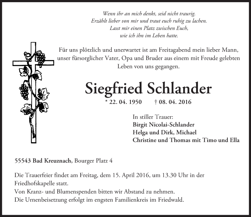  Traueranzeige für Siegfried Schlander vom 13.04.2016 aus  Allg. Zeitung Bad Kreuznach
