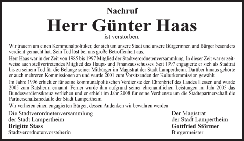  Traueranzeige für Günter Haas vom 14.11.2015 aus  Bürstädter Zeitung