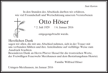 Traueranzeige von Otto Höser von  Usinger Anzeiger