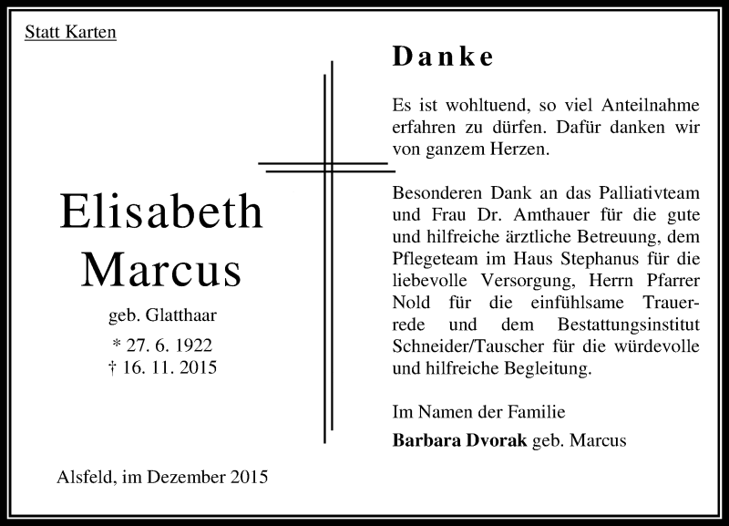  Traueranzeige für Elisabeth Marcus vom 05.12.2015 aus VRM Trauer