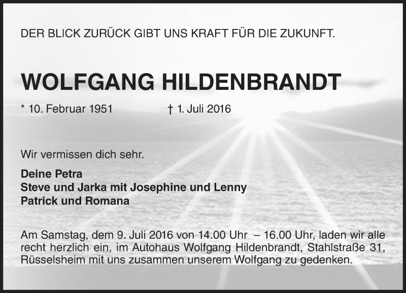  Traueranzeige für Wolfgang Hildenbrandt vom 07.07.2016 aus Trauerportal Rhein Main Presse