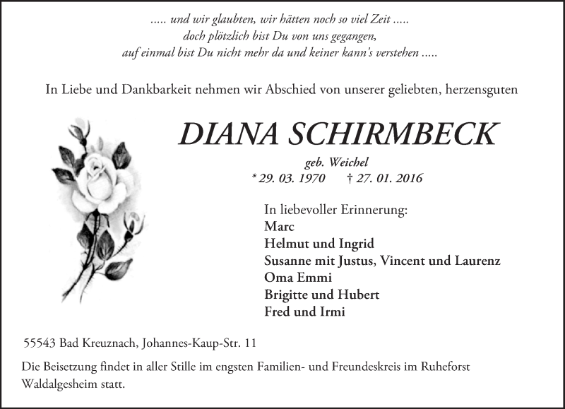  Traueranzeige für Diana Schirmbeck vom 02.02.2016 aus  Allg. Zeitung Bad Kreuznach