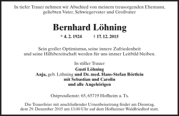 Traueranzeige von Bernhard Löhning von  Hofheimer Zeitung