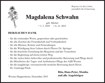 Traueranzeige von Magdalena Schwahn von  Wormser Zeitung