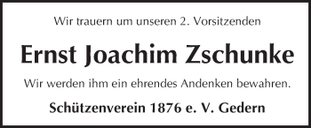 Traueranzeige von Ernst Joachim Zschunke von  Kreisanzeiger